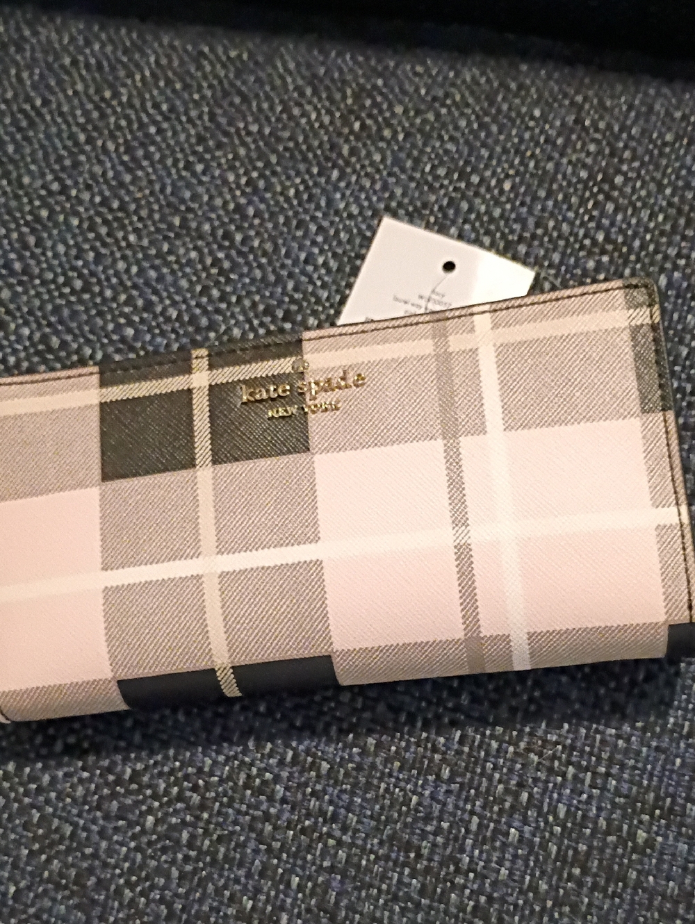 kate spade pink and gray plaid continental wallet with gold zipper